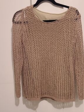 Chico's Open-Knit Scoop Neck Sweater in Light Tan